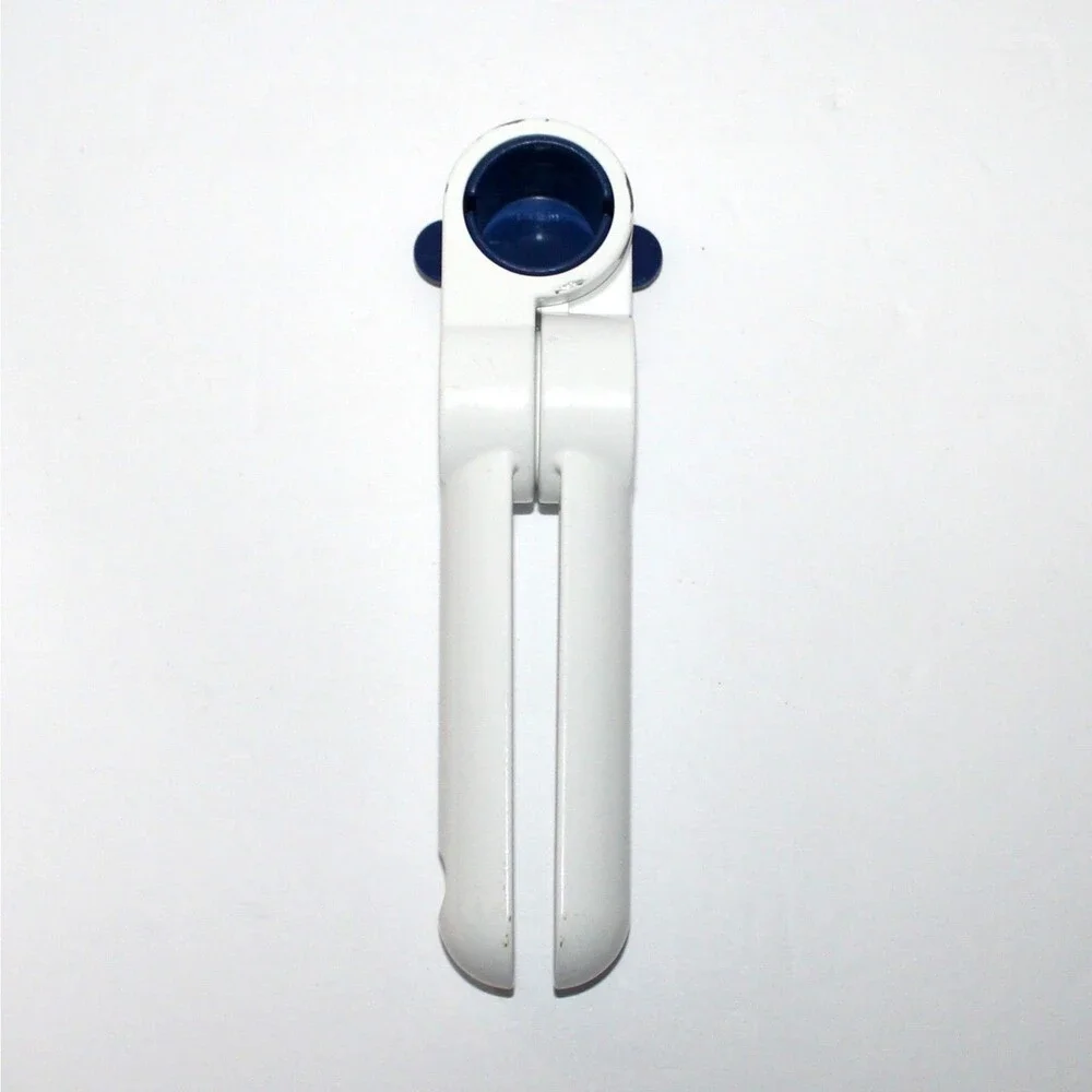Tupperware Garlic Press with blue cleaning tool metal enamel white retro